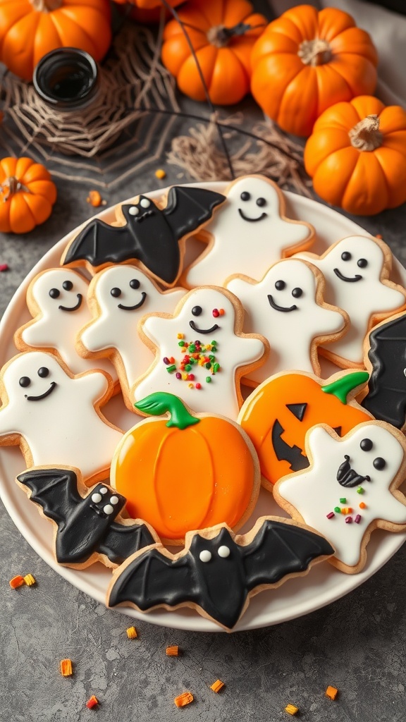 Plate of decorated Halloween sugar cookies shaped like ghosts and pumpkins with colorful icing and sprinkles.